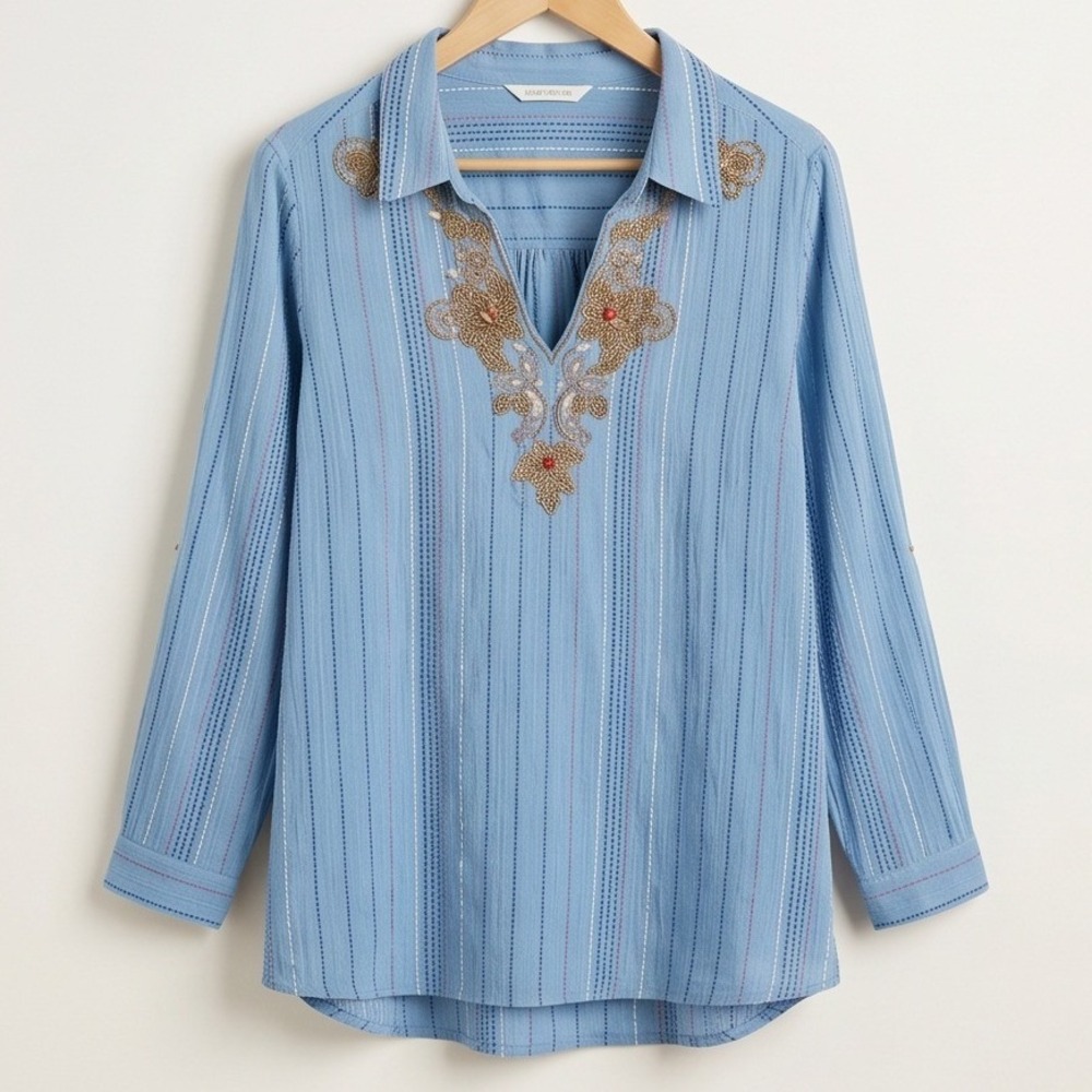 Soft Surroundings L Blue Striped Beaded Floral V-Neck Tunic Blouse Large Vintage